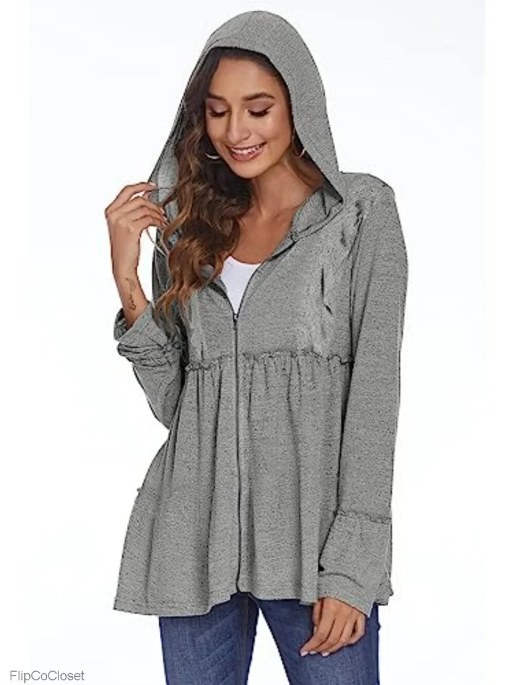 Women Full Zip Hoodie Pleated Ruffle Sweatshirt Long Sleeve Jacket_2